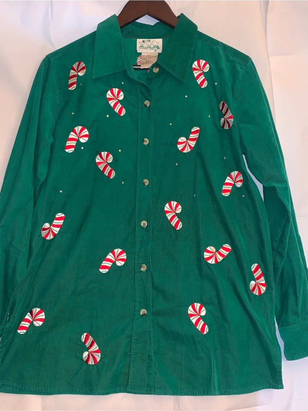 The Quaker Factory Christmas Candy Cane Long Sleeve Green Buttondown Shirt Small
